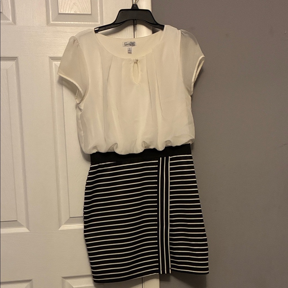 Dress: White Blouse with Black Striped Skirt
